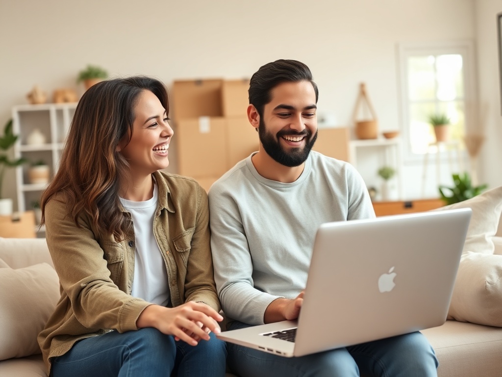 Две улыбчивые молодые люди сидят на диване и смотрят на экран ноутбука. В комнате светло и уютно.