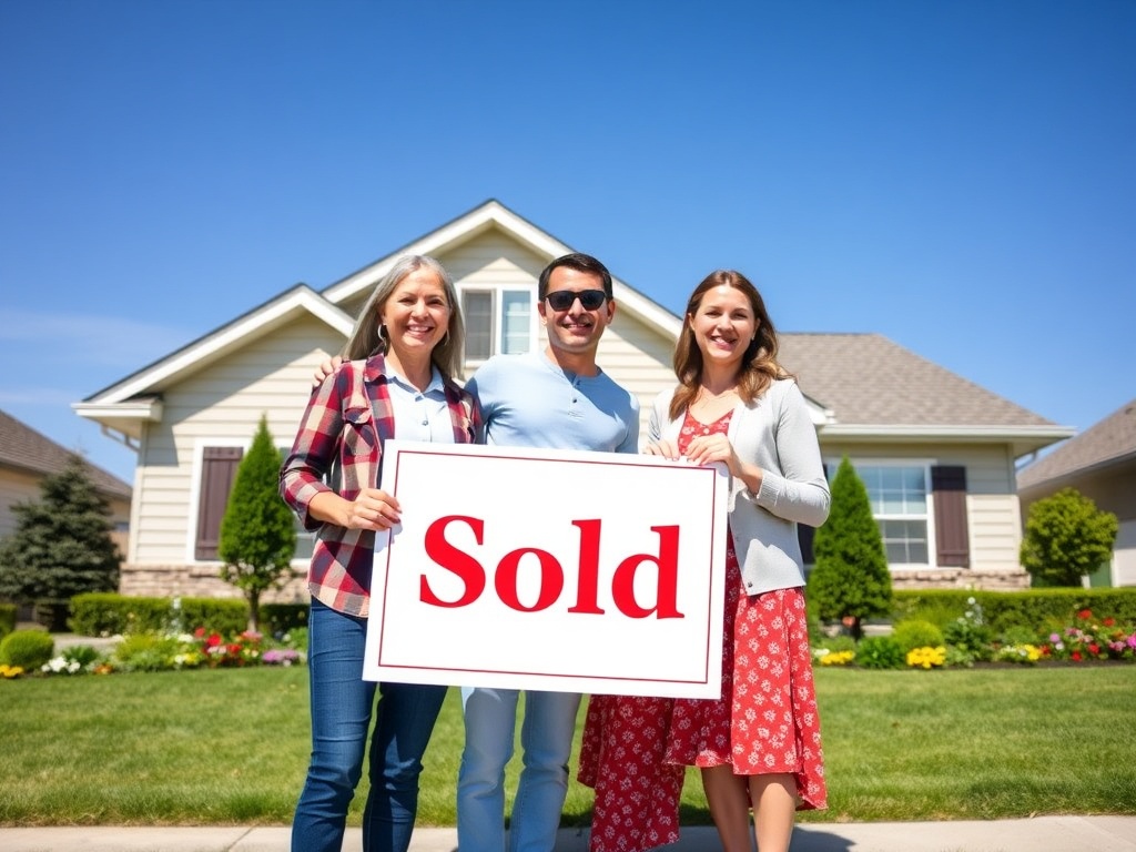 На фотографии три человека, стоящие перед домом с табличкой "Продано". Ясный солнечный день.