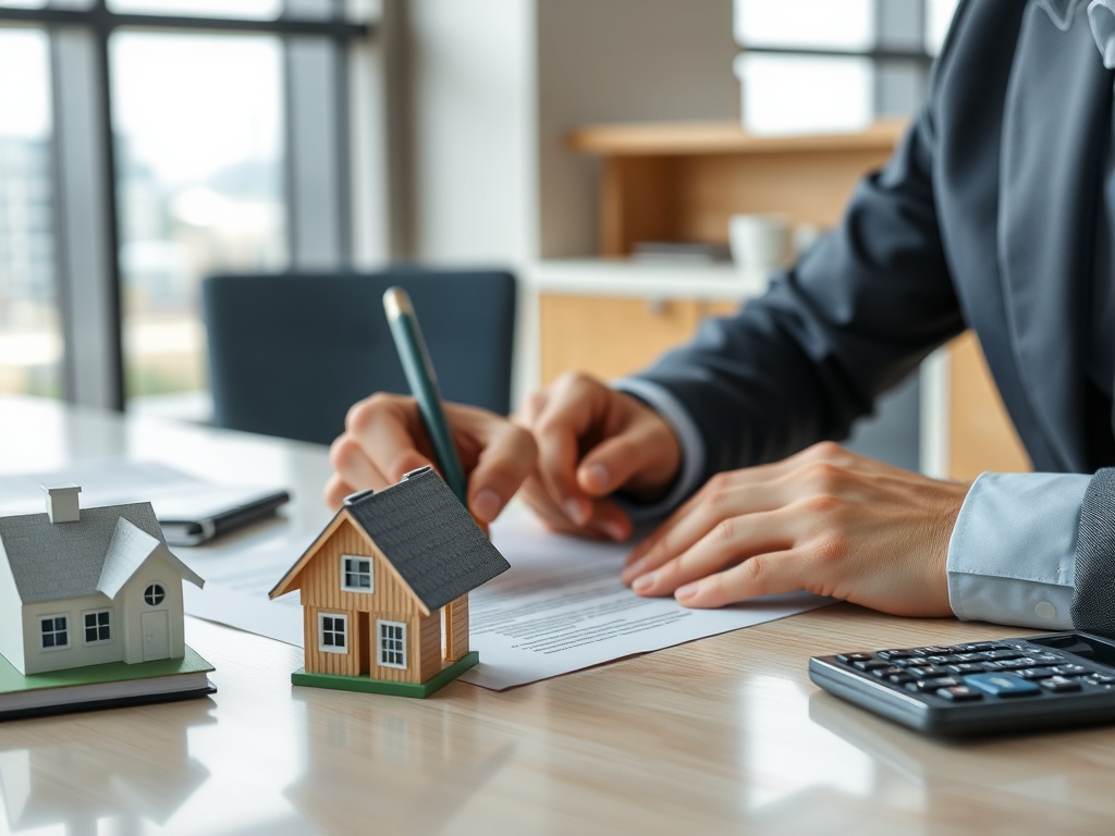 Человек в деловом костюме заполняет документы рядом с миниатюрными домиками и калькулятором.