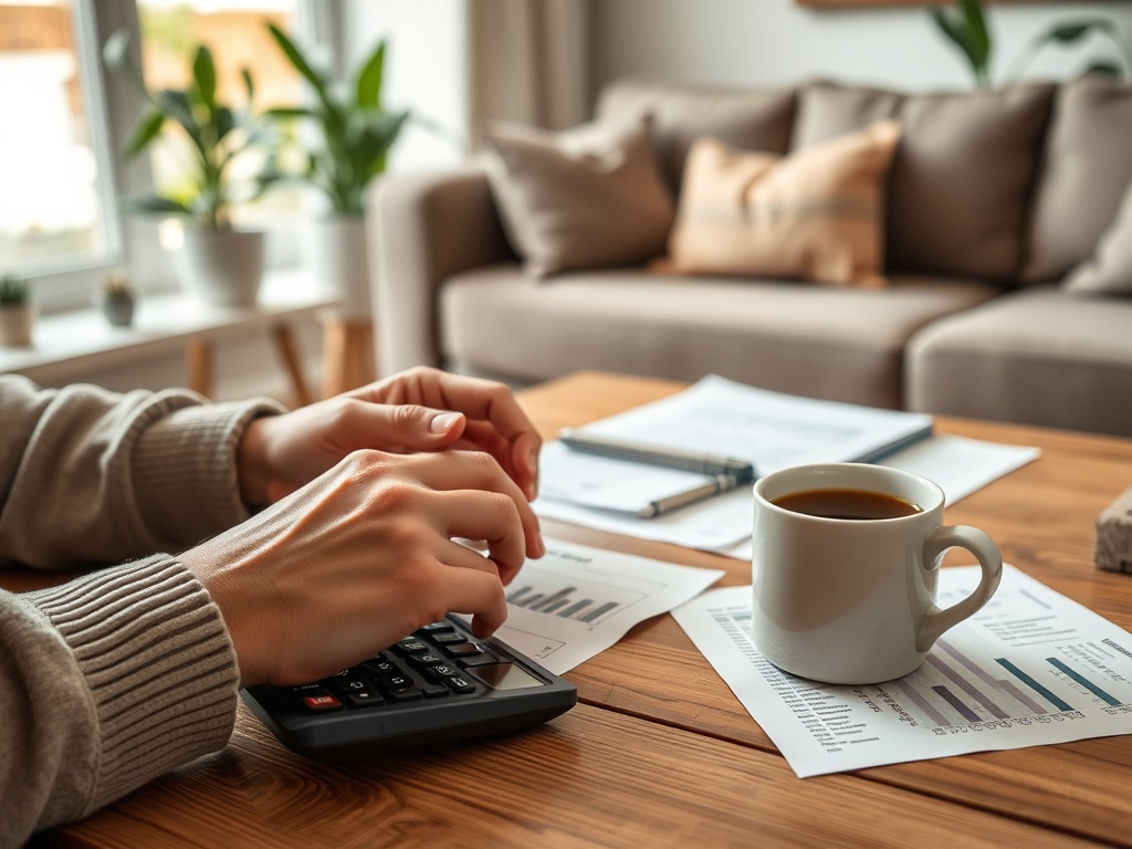 Рука с калькулятором, рядом с бумагами и чашкой кофе на деревянном столе в уютной комнате.