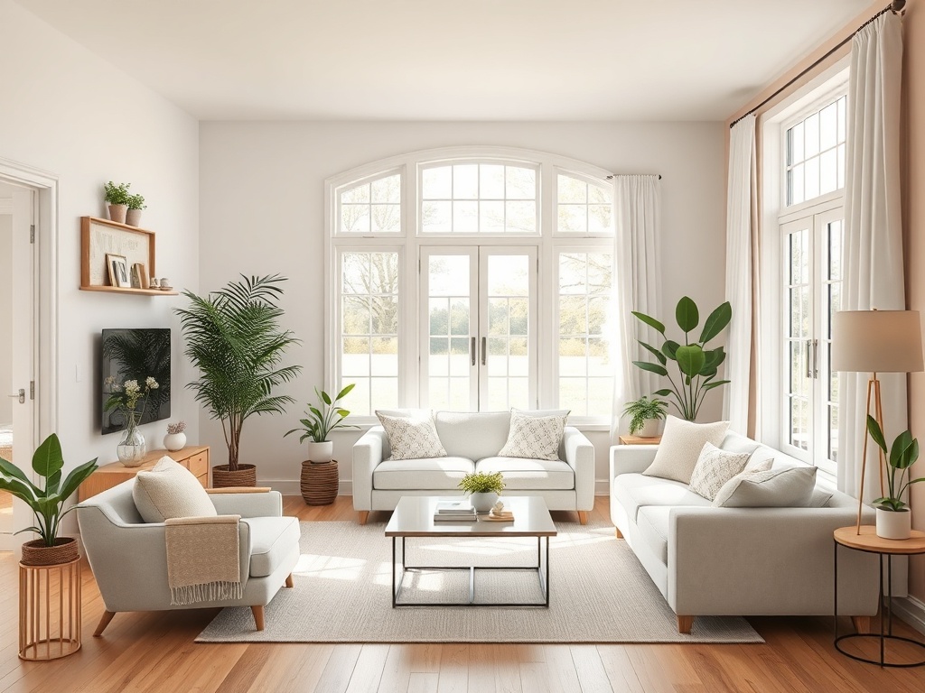 Современная гостиная с светлой мебелью, растениями и большими окнами, пропускающими солнечный свет.