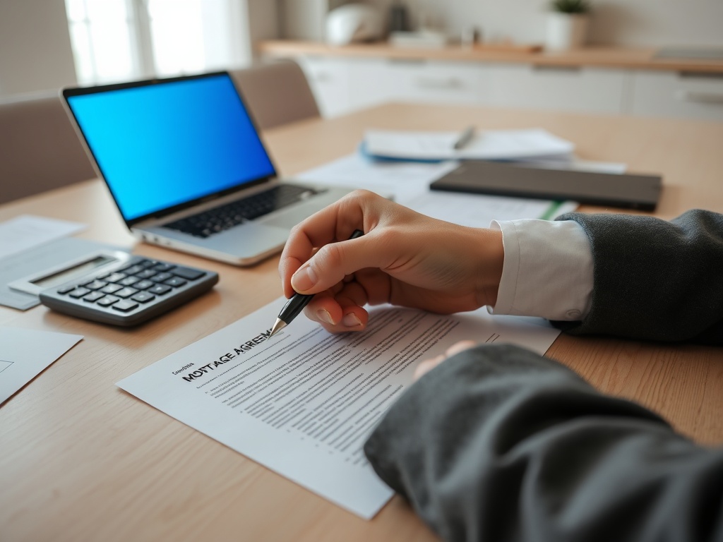 Человек в деловом костюме подписывает договор о ипотеке на фоне рабочего стола с ноутбуком и калькулятором.
