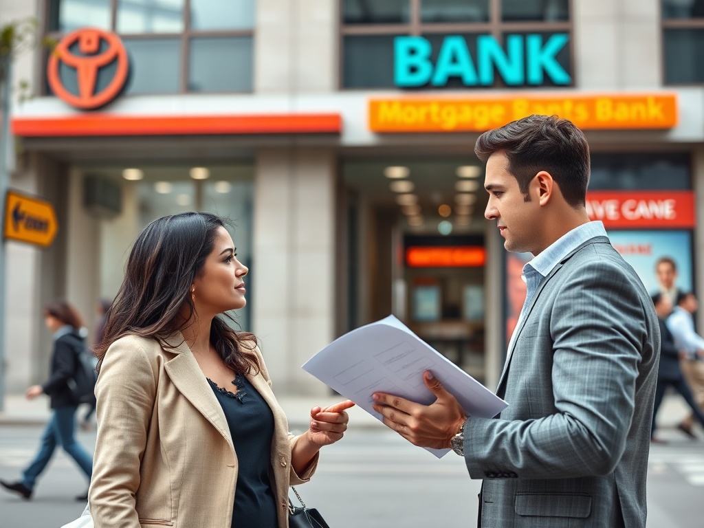 На улице девушка и парень обсуждают документы у банка. Яркая вывеска "BANK" на фоне.