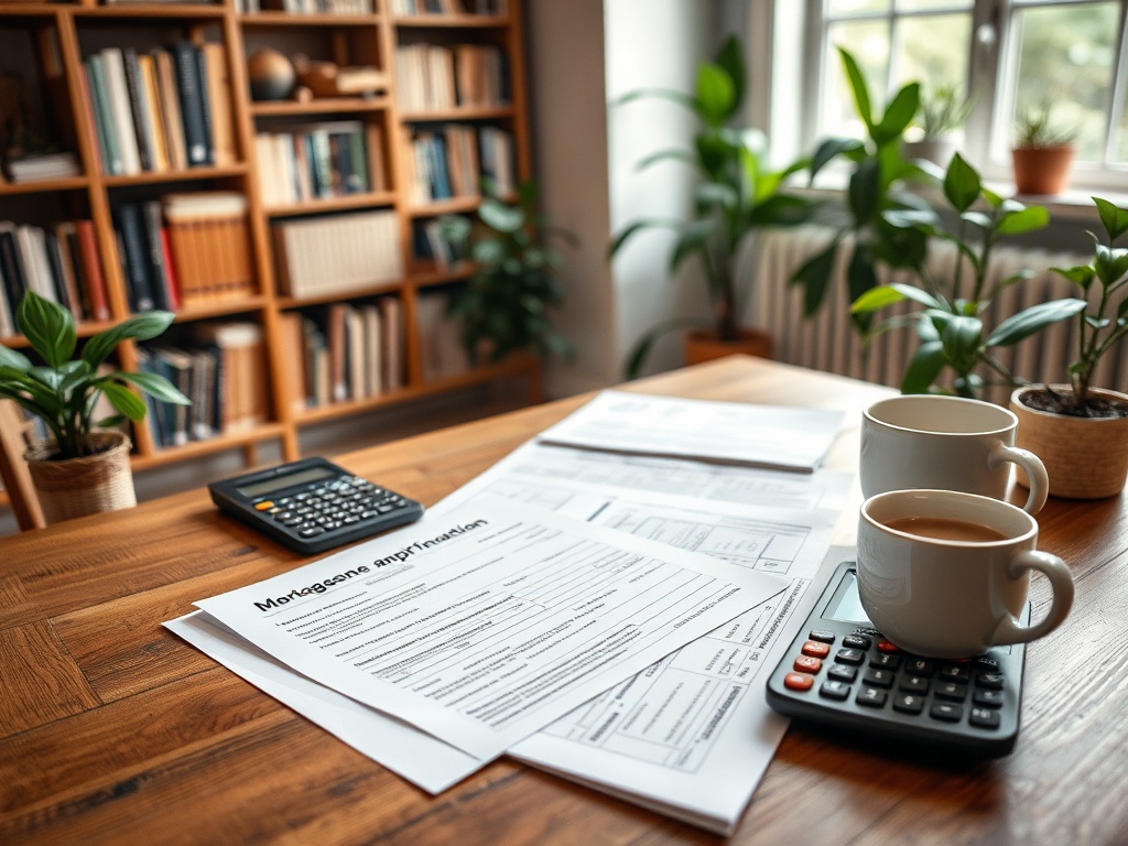 Стол с бумагами, калькулятором и чашками кофе, на фоне полок с книгами и растениями.