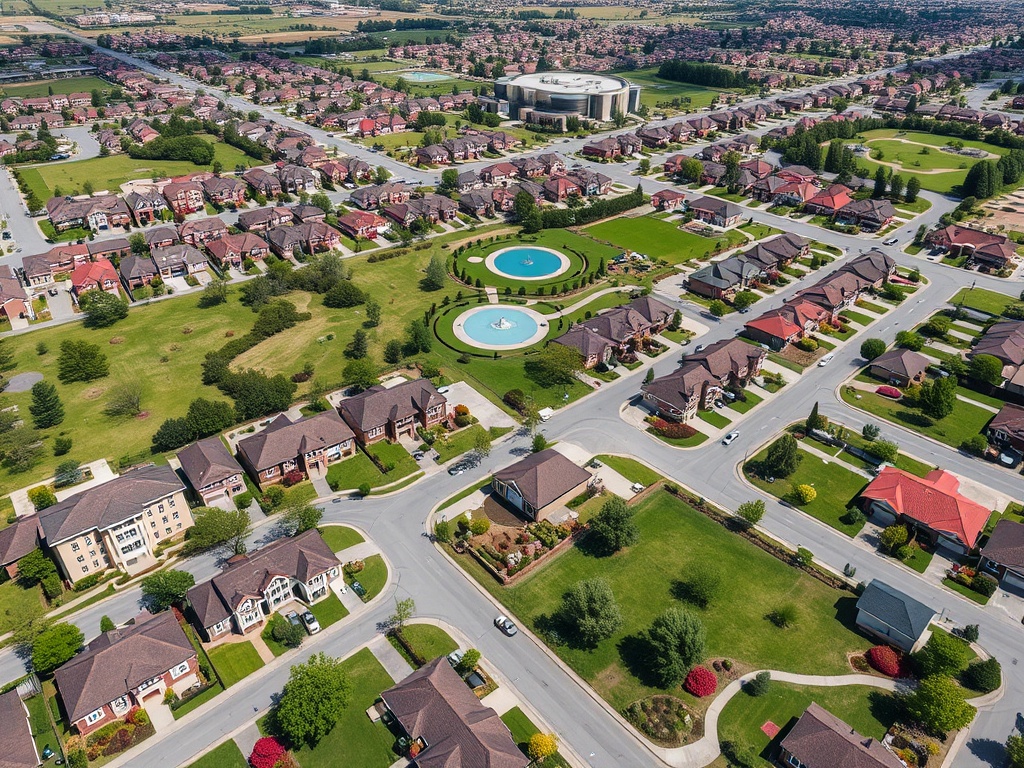 Воздушный вид на жилой район с домами, парками и фонтаном в центре. Яркая зелень и ухоженные улицы.