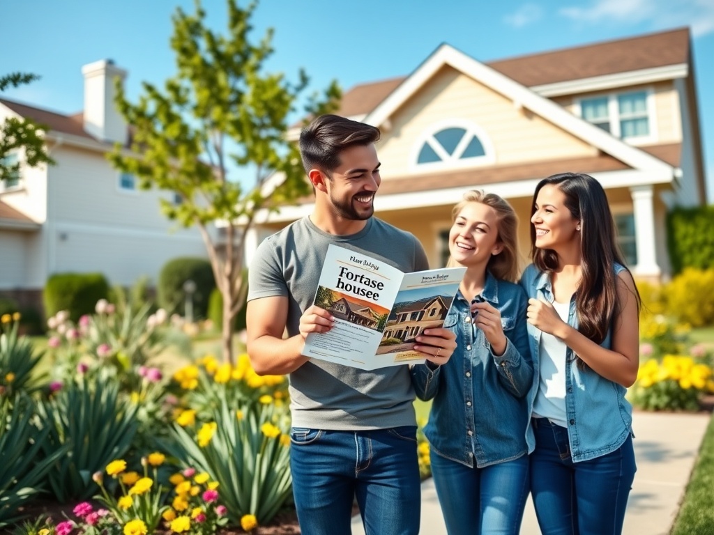 Трое друзей улыбаются, смотрят на буклет о домах на фоне красивого дома и цветущего сада.