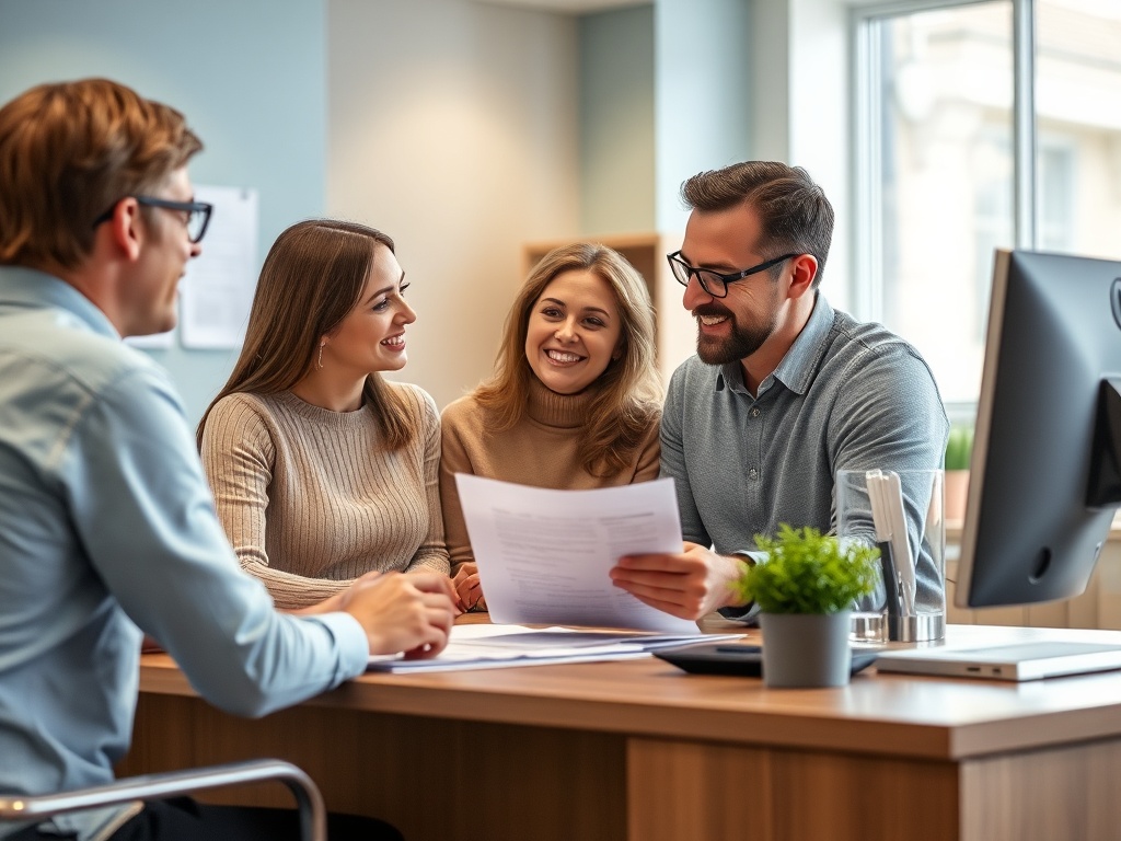 Четыре человека в офисе обсуждают документы, смеются и общаются у стола. На столе – бумаги и растение в горшке.
